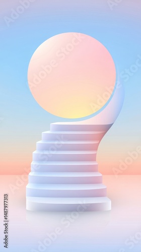 Escape exit minimalist. A surreal pastel staircase spirals upward toward a glowing orb against a soft gradient sky, creating a dreamy, futuristic atmosphere.