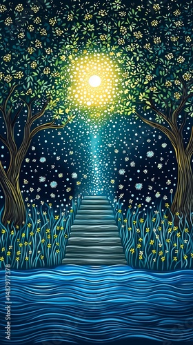 Escape exit minimalist. A mystical pathway leads through glowing trees under a radiant moon, with stars twinkling above a calm blue river.