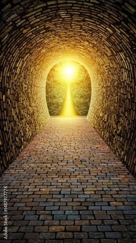 Escape exit minimalist. A sunlit brick tunnel opens to a bright, golden light at the end, symbolizing hope and new beginnings.