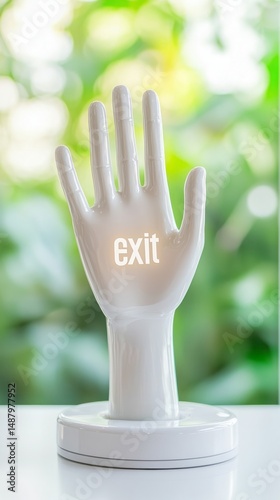 Escape exit minimalist. A white hand sculpture with the word 