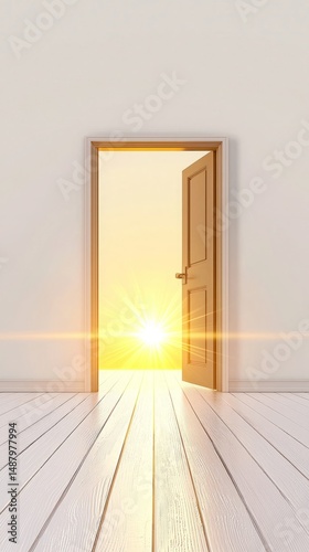 Escape exit minimalist. A door opens to bright sunlight, casting warm rays into a clean, minimalist room with a white wooden floor.