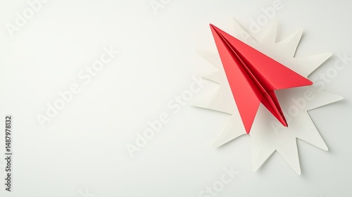 Wallpaper Mural Escape exit minimalist. A red paper airplane sits on a white starburst shape against a minimal light background, symbolizing creativity and innovation. Torontodigital.ca