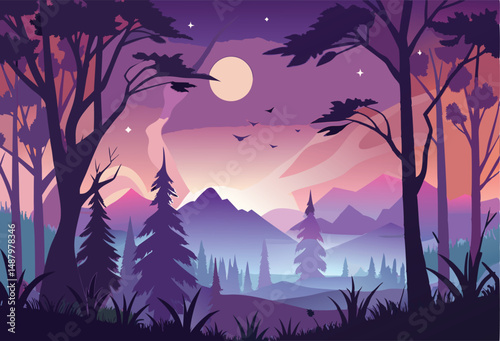 Silhouette twilight forest landscape background