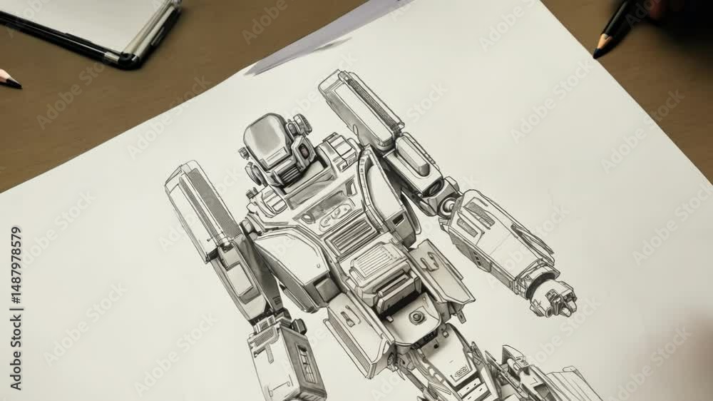 Pencil sketch of robot mech warrior drawn on paper on wooden surface. Meticulously rendered mechanical figure features articulated limbs, weapons systems and intricate technical details in grayscale.