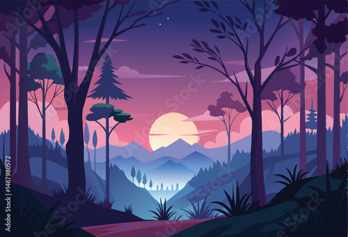Silhouette twilight forest landscape background