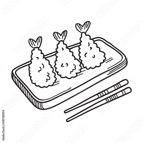 Tempura piece beside chopsticks on a wooden tray