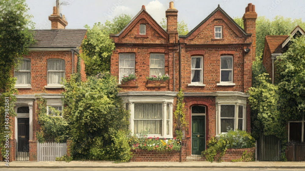 Obraz premium Victorian Terraced Houses with Lush Greenery on a Sunny Day