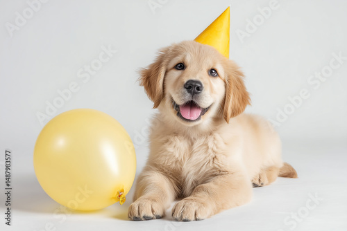 Adorable golden retriever puppy birthday celebration