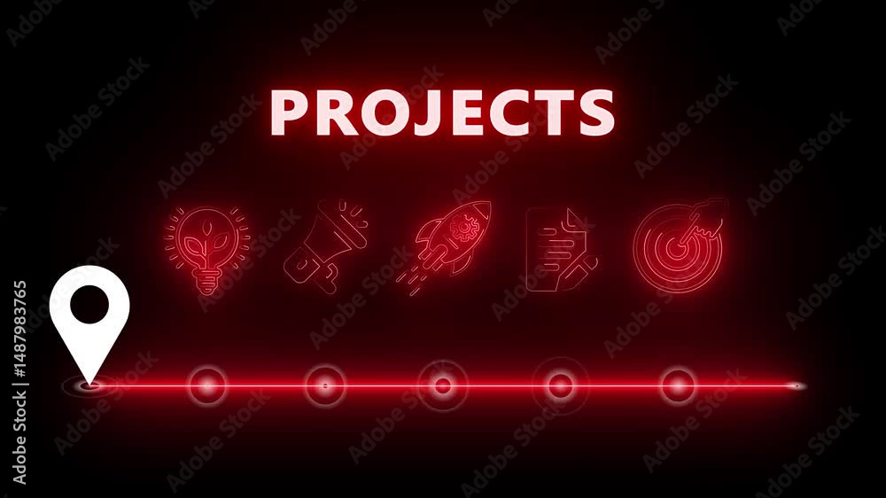 glowing neon projects concept with thin line icons on black background. Infographic design. Chart with animated icons. internet and target isolated on transparent background.