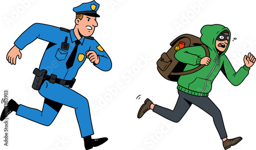 Police Officer Chasing a Running Thief Crime Scene Illustration