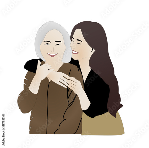 Happy Mother's Day. Vector illustration. Daughter congratulates mother and hugs her. Mother and daughter smile and hug. Family holiday and togetherness.