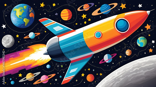 Child's colorful drawing of a rocket ship in space.