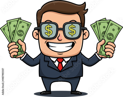 Happy Businessman Holding Cash, Wealth, Success, Financial Freedom, Investment, Money, Rich, Cartoon Illustration