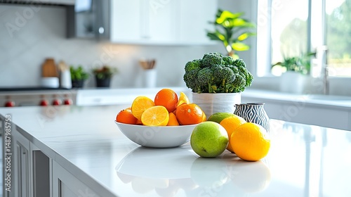 A bright kitchen scene with a bowl of citrus fruits, a potted plant, and natural light. Fresh and inviting.
