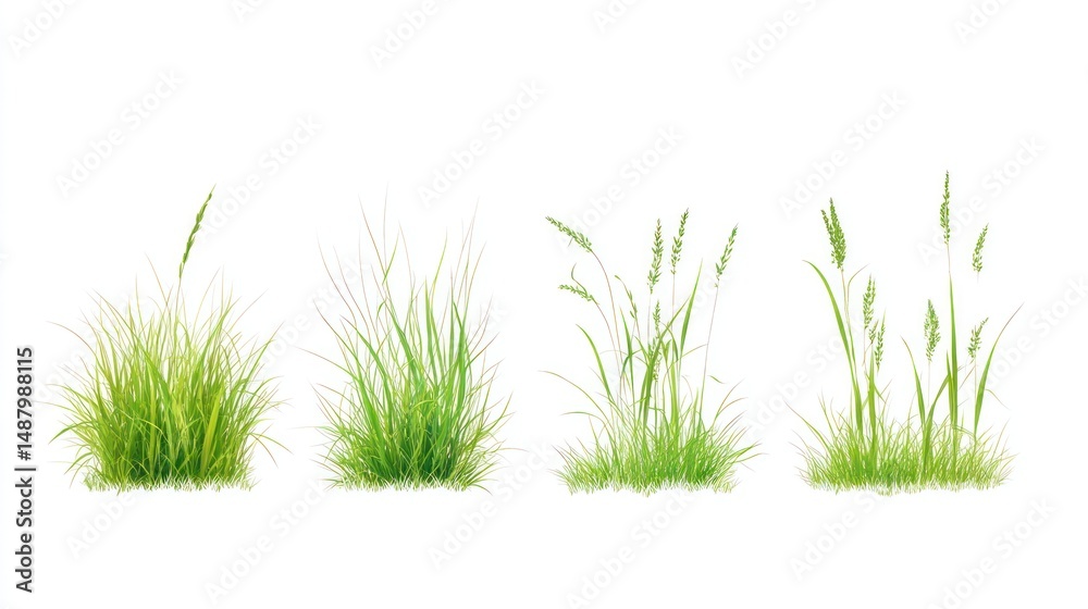 Fototapeta premium Collection of Four Lush Green Grass Tufts Isolated on White Background