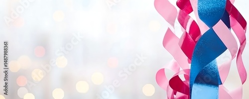A cluster of pink and blue ribbons curling with soft bokeh lights in the background, banner for Memorial Day, Independence Day, Veterans Day concept with copy space