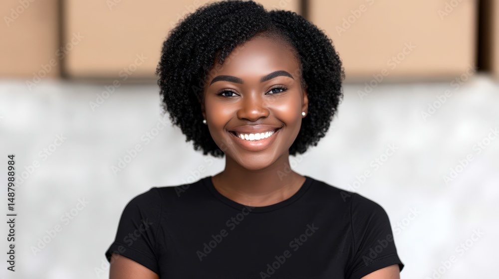 Smiling young woman with natural curly hair radiating warmth and confidence against a blurred background of cardboard boxes reflecting a contemporary lifestyle and joyful expression Smiling young woman with natural curly hair radiating warmth and confidence against a blurred background of cardboard boxes reflecting a contemporary lifestyle and joyful expression