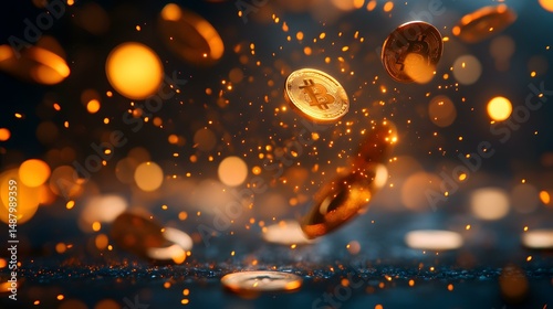 Bitcoin Abundance: Gold coins and bitcoin glitter and sparkle, cascading in a captivating display of wealth and prosperity.  A visual representation of the digital currency revolution. 