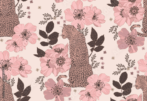 Pattern with leopard and floral elements drawn on a brick background	
