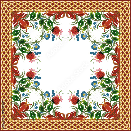 Scarf floral vector pattern from flowers, gold braided belts on a white background