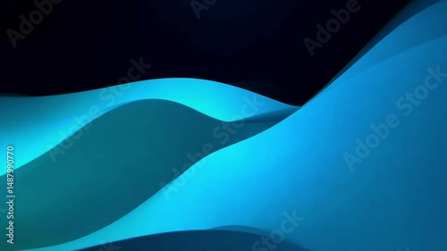 Abstract digital animation of smooth flowing blue waves against black background. The cyan-colored undulating forms gradually transform their shape and position creating a serene fluid motion effect.