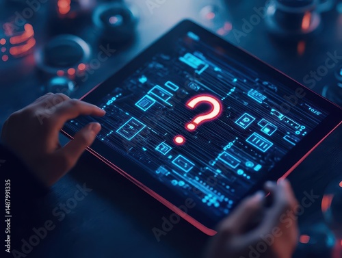 Individual Engaged with Digital Tablet Displaying Question Mark Symbolizing Curiosity and Inquiry in Modern Technology Driven Environment