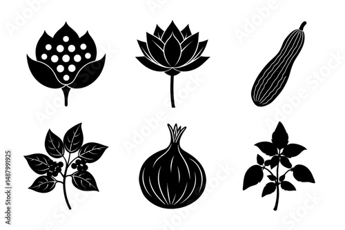 set of fruits and vegetables silhouette vector illustration