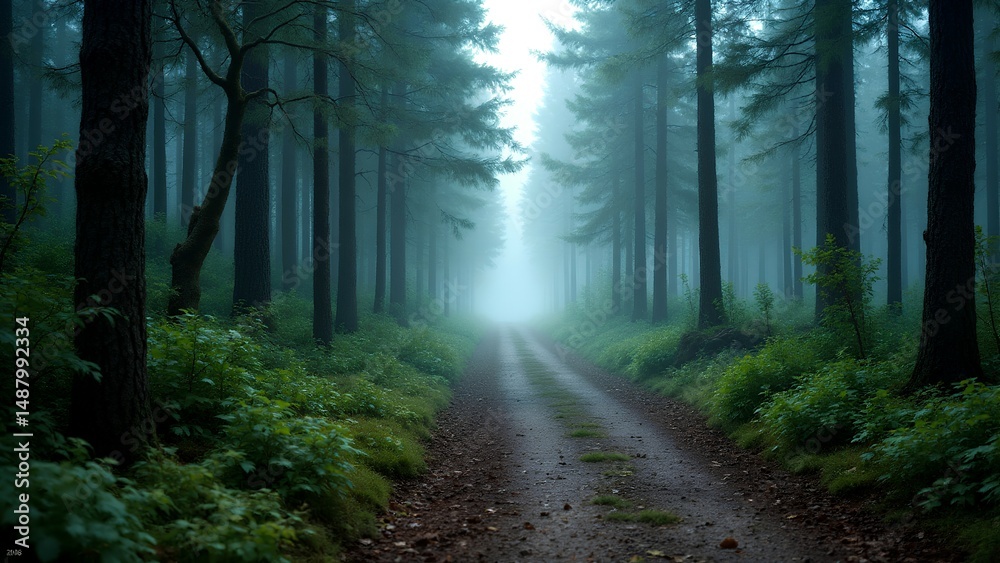 Obraz premium A misty forest path stretches into the distance, surrounded by tall trees and lush greenery in a tranquil, atmospheric setting.