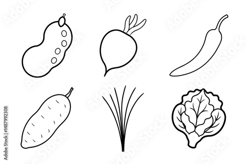 set of fruits and vegetables line art vector illustration