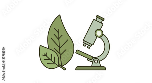 Stylized microscope and green leaves illustration on a transparent background