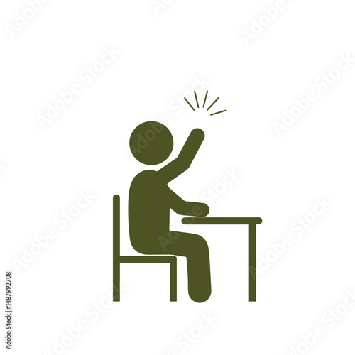 Simple icon of a person sitting at a table and raising a hand on a transparent background