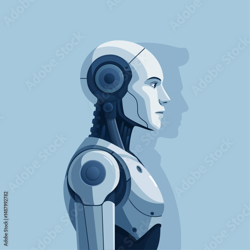 Difference between AI robot and human. Machine vs. human. Mind copying technology concept. Vector 3d illustration.