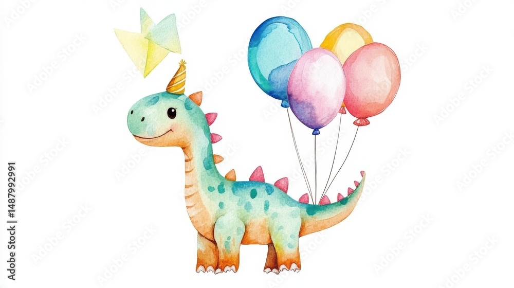 Naklejka premium Cute watercolor dinosaur with balloons and party hat.