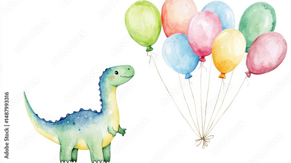Fototapeta premium Watercolor illustration of a cute dinosaur and colorful balloons.