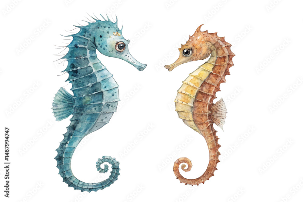 Obraz premium watercolor depiction of a teal and a brown seahorse facing each other