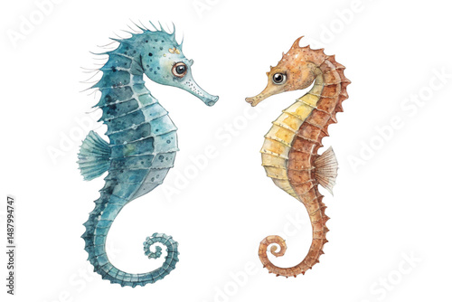 watercolor depiction of a teal and a brown seahorse facing each other