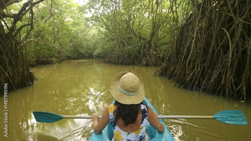 Back view woman sit in double blue kayak. Couple kayaks on calm waters of Tangalle Lagoon in southern Sri Lanka, surrounded by lush mangroves and tropical nature. Kayaking Adventure in asia concept