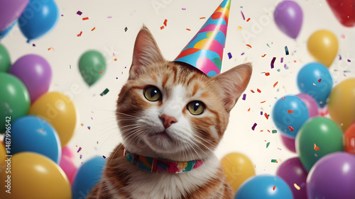 Cat wearing a festive birthday hat with colorful balloons in the background, celebrating pet birthday, joyful party atmosphere, cute pet celebration