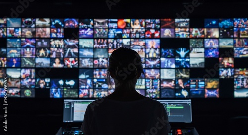 Woman monitors media broadcast in control room for television use