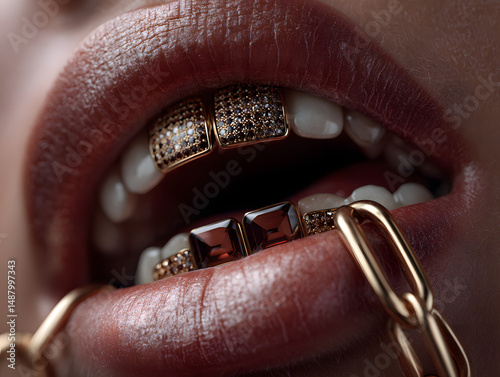 Close-Up of Stylish Gold Grillz and Lips Holding a Chain photo