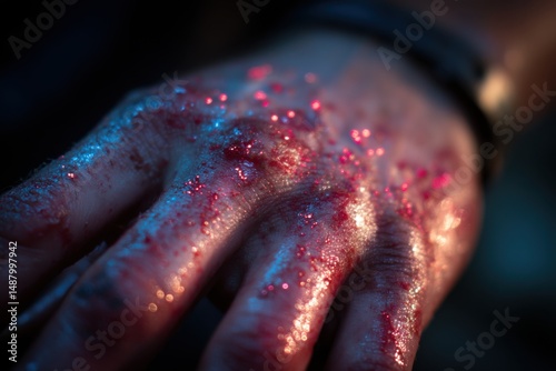 Close-up photograph capturing glitter particles on a human hand, sparkling in dark lighting, creating a textured, ethereal effect