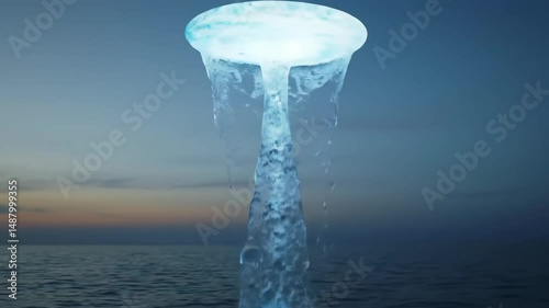 Glowing disc-shaped object hovering over calm ocean at twilight. Mysterious UFO concept with blue light emission. Extraterrestrial visitation and science fiction scene.