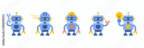 Flat design robot icons with objects – Suitable for tech infographics, children’s books, or educational games