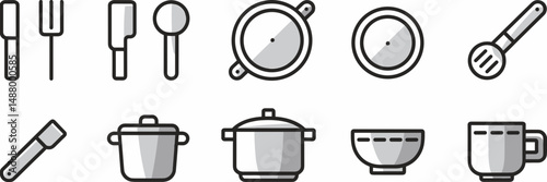 Clean minimalist kitchen utensil icons arranged in grid – Perfect for cooking websites, mobile apps, or kitchen product catalogs