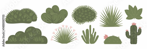 Vector icon sheet of various bushes including cactus and flowering plants