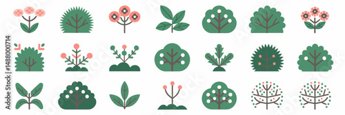 Vector icon sheet with a variety of bush types in grid layout – Great for nature databases, gardening apps, or environmental education tools