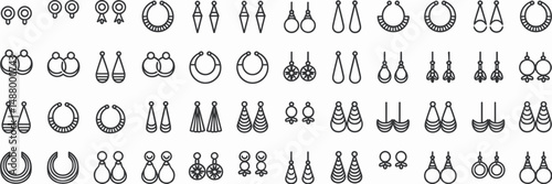 Minimalist vector icon set of stud, hoop, drop, and chandelier earrings – Great for fashion branding, jewelry packaging, or beauty-related content.