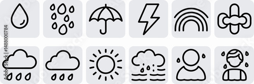 Rain icon sheet with umbrella, lightning, and rainbow – Great for weather forecasting content, app design, or educational tools