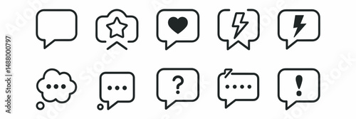 Diverse speech bubble icon set with heart, star, question mark, and more – Great for messaging apps, communication themes, or digital design.
