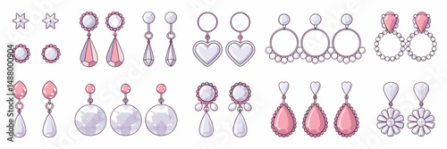 Modern earring vector icons with pearls, crystals, and heart shapes – Ideal for e-commerce, jewelry blogs, or fashion design resources.